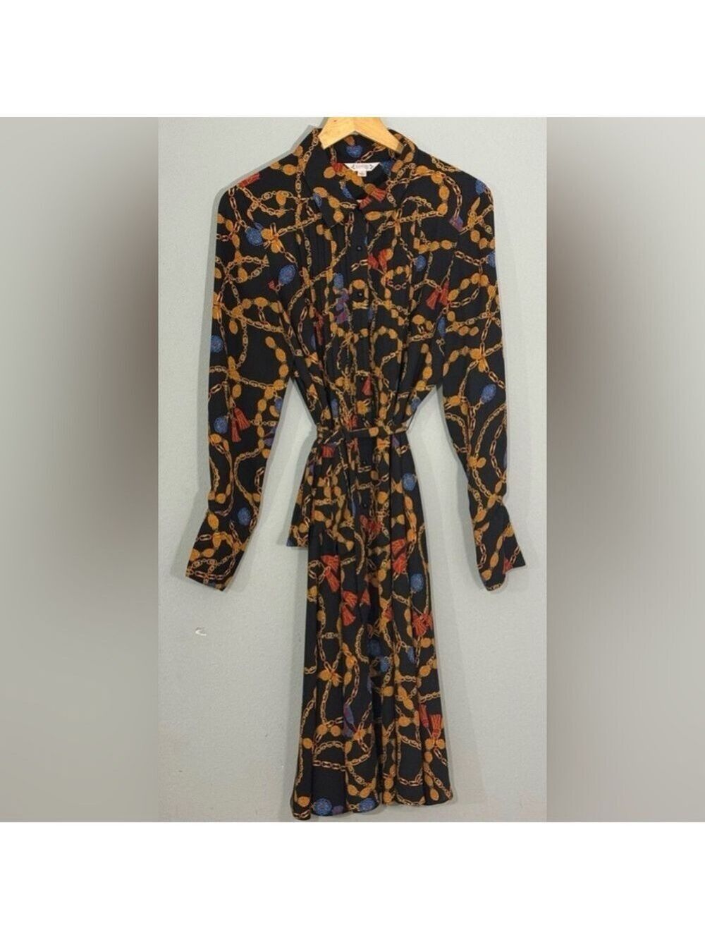 Nanette Lepore Chain Print Shirt Dress Sz 10 Long Sleeve Belted Midi